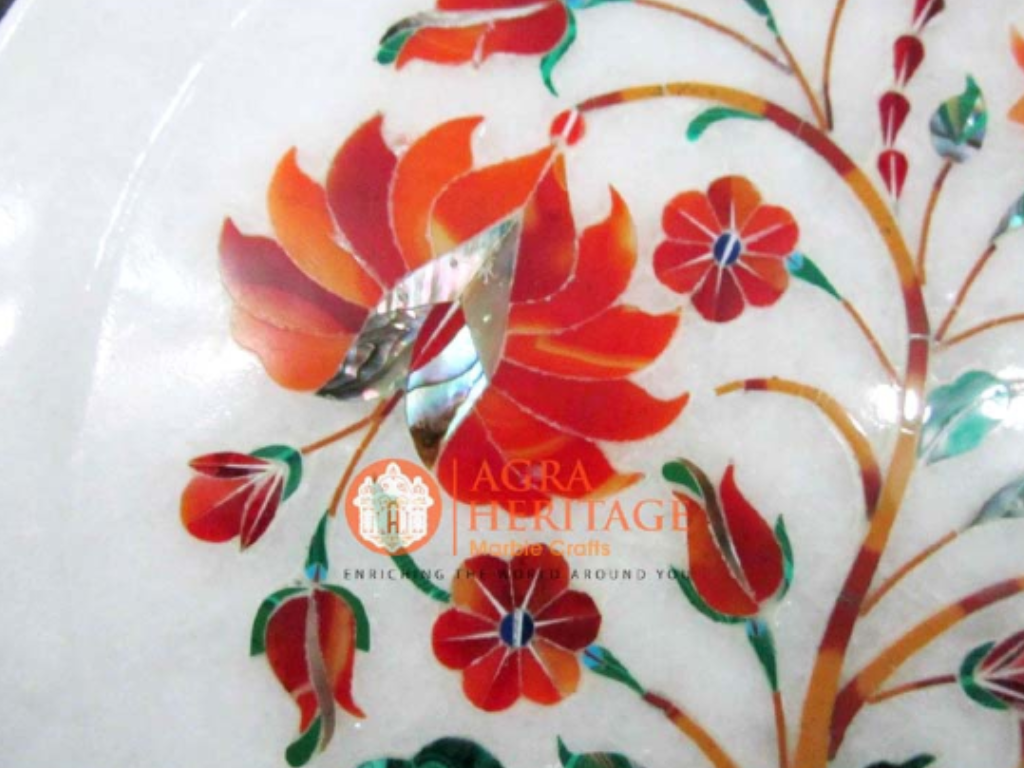 White Marble Carnelian Inlaid Floral Design Plate Decor